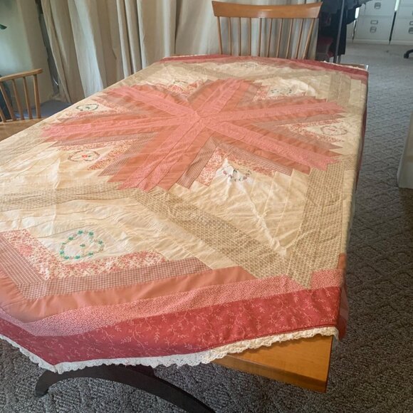 Quilted Blocked Embroidered Hearts Hexagon Twin/Full Bed Cover with Lace Trim - Picture 11 of 12